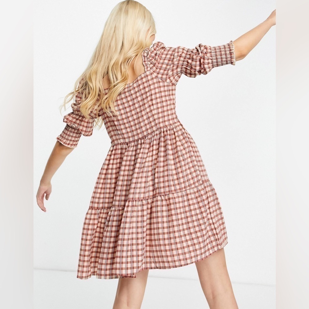 NWT QED London Square Neck Half Sleeve Tiered Smock Gingham Tan Dress Sz 8 - Picture 5 of 8